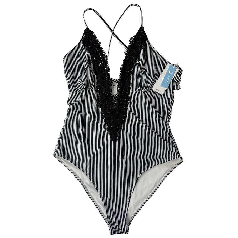 Cupshe Black White Striped Crochet Lace V-Neck One Piece Swimsuit XXL CYY11332